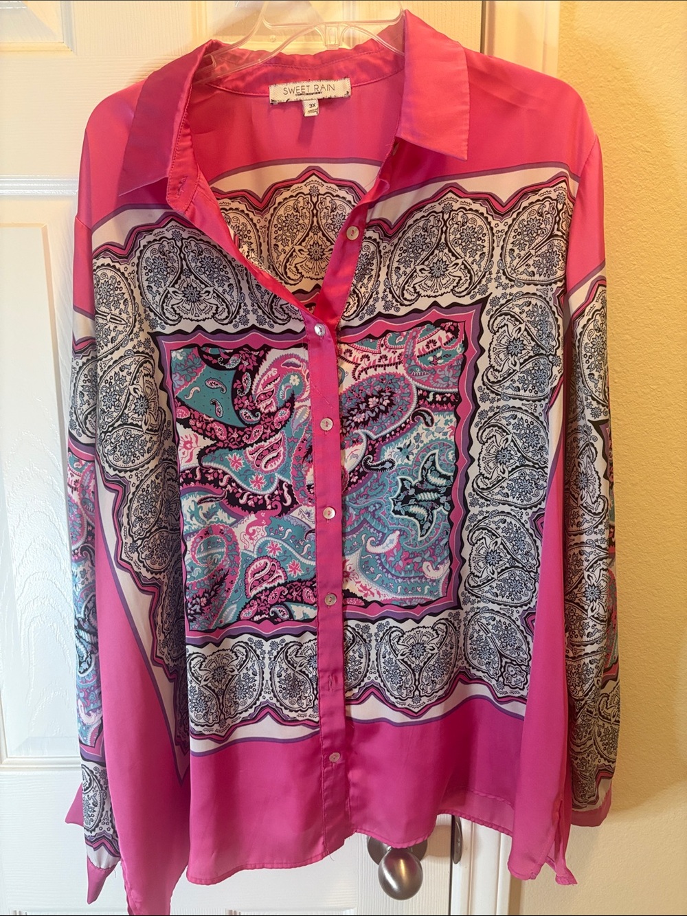 Sweet Rain Bright Pink Paisley Print Button-Down Shirt